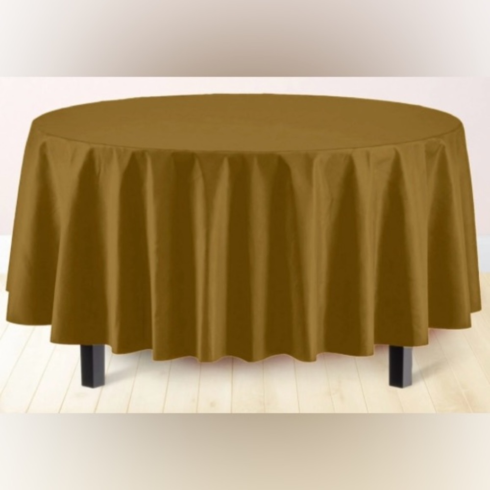 Ten Gold Round Plastic 84" Table Covers 10 ct. New unopened Exquisite Brand